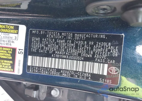 2018 Toyota Camry Le z USA, uszkodzony, nr VIN 4T1B11HK9JU503534